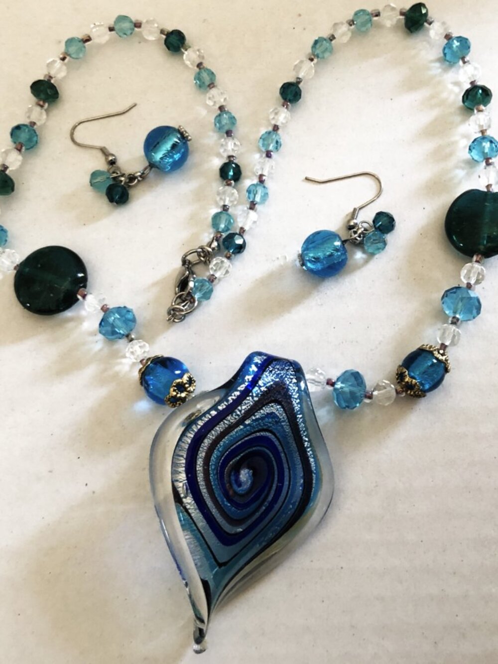 Elegant blue black beaded pendant statement necklace & earring set